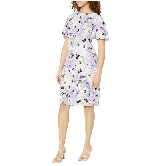 Kasper Dress 6 Stretch Purple Floral Flutter Short Sleeve Career Summer NEW - Picture 1 of 12